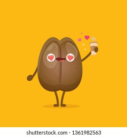 vector cartoon happy coffee bean character holding coffee cup isolated on white background. funky food character character