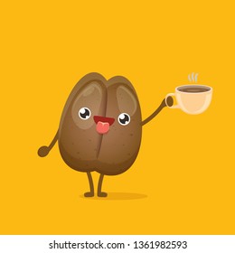 vector cartoon happy coffee bean character holding coffee cup isolated on white background. funky food character character