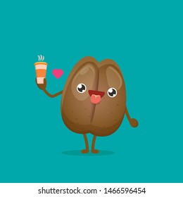 vector cartoon happy coffee bean character holding coffee cup isolated on turquoise background. funky food kawaii character 
