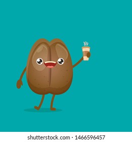 vector cartoon happy coffee bean character holding coffee cup isolated on turquoise background. funky food kawaii character 
