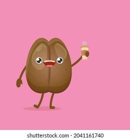vector cartoon happy coffee bean character holding coffee cup isolated on pink background. funky food kawaii character