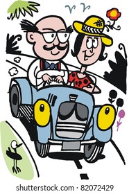 Vector cartoon of happy couple driving old car