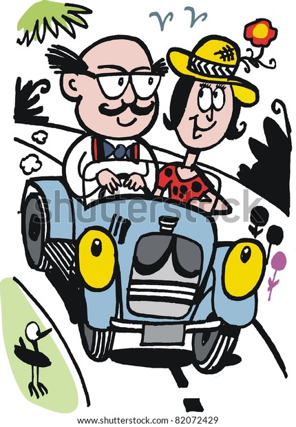 Vector cartoon of\
happy couple driving old\
car