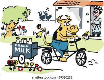 Vector cartoon of happy cow delivering milk on bicycle.