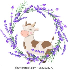 Vector cartoon happy cow with lavender wreath