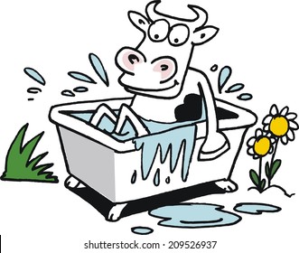 Vector cartoon of happy cow taking bath in field.