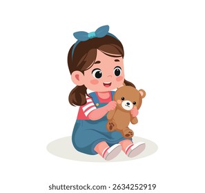 vector cartoon happy cute girl playing with teddy bear	