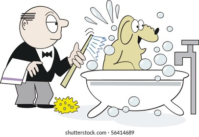 Vector cartoon of happy dog being washed in bathtub by butler.