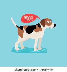 Vector cartoon happy dog, card template with text woof