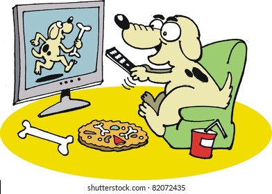 Vector Cartoon Of Happy Dog Watching Television