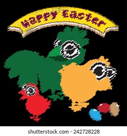 Vector cartoon Happy Easter card design with rooster, chicken, chick and eggs