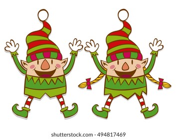 Vector Cartoon Happy Elves Isolated On White Background