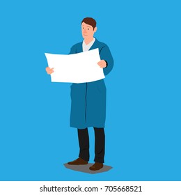 Vector Cartoon Happy Engineer Holding Blank Paper