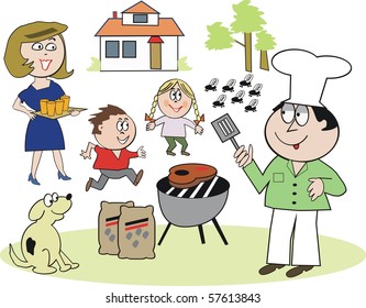 Vector cartoon of happy family enjoying barbecue outdoors.