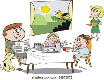 Vector cartoon of happy family group eating breakfast with sun rising outside window.