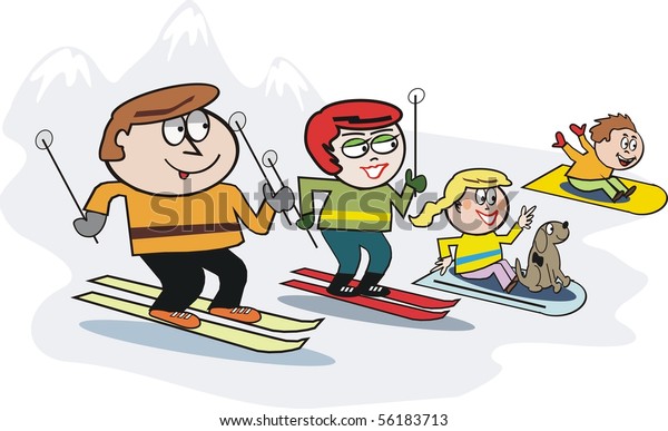 Vector Cartoon Happy Family Skiing On Stock Vector (royalty Free) 56183713