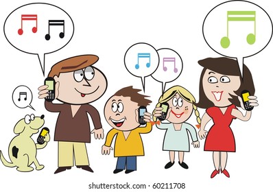 Vector cartoon of happy family using mobile phone technology.