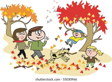 Vector cartoon of happy family walking in park amidst autumn leaves.