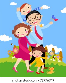 Vector cartoon of happy family walking outdoors with dog.