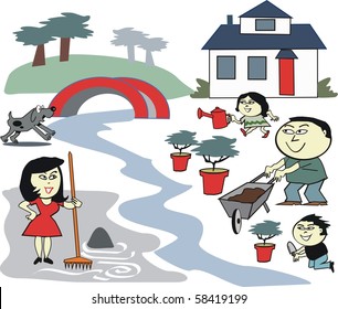 Vector cartoon of happy family working in garden.