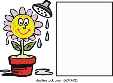 Vector cartoon of happy flower being watered from shower.