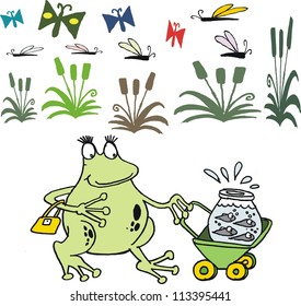 Vector cartoon of happy frog wheeling pram with tadpoles.