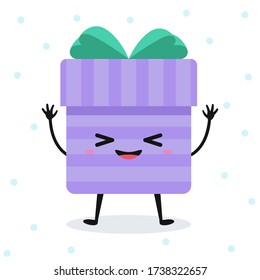 Caja de regalo feliz con caricatura vectorial con cara linda. Carácter emocional plano aislado sobre fondo blanco con copos de nieve.