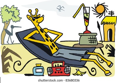 Vector cartoon of happy giraffe relaxing on lounger.