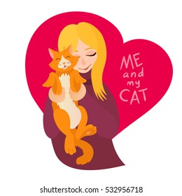 Vector cartoon happy girl with cute cat in girl's arms with pink heart and letter