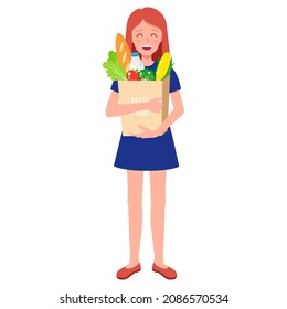 Vector Cartoon Happy Girl Holding Eco Paper Grocery Bag With Fresh Organic Food. Caring For The Environment Concept. Eco Food Shopping.