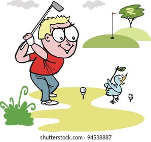 Vector cartoon of happy golfer swinging club on golf course