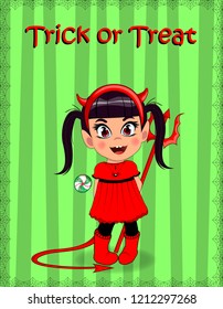 Vector cartoon Happy Halloween greeting card of little naughty baby girl in red devil imp costume with lollipop and trident framed with spiderweb on green striped background. Trick or treat concept