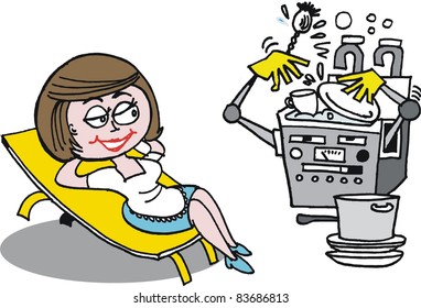 Vector cartoon of happy housewife relaxing in chair