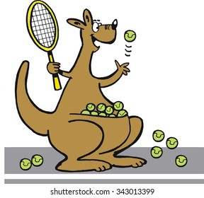 Vector cartoon of happy kangaroo holding tennis racket with pouch full of tennis balls.
