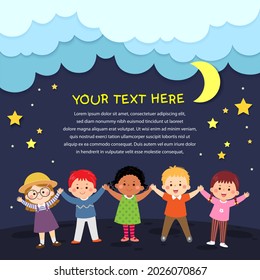 Vector cartoon happy kids holding hands up on night background in paper cut style. Place for text.