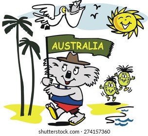 Vector cartoon of happy koala bear carrying banner with tropical palm trees and pineapples. 