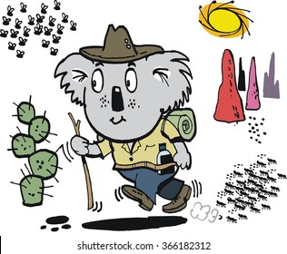 Vector cartoon of happy koala bear carrying bed roll, walking through Australian outback.