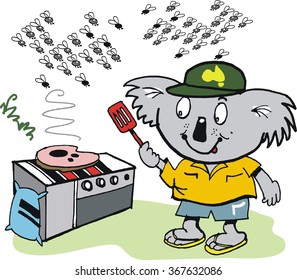Vector cartoon of happy koala bear cooking steak on barbecue with flies in background.