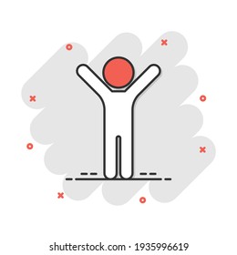 Vector cartoon happy man with hands up icon in comic style. People happy sign illustration pictogram. Man business splash effect concept.