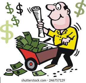 Vector cartoon of happy man with wheelbarrow full of money