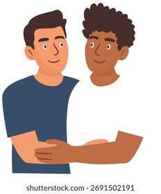 Vektorkarikatur von glücklichen Männern, die sich liebevoll lächelnd sanft umarmen