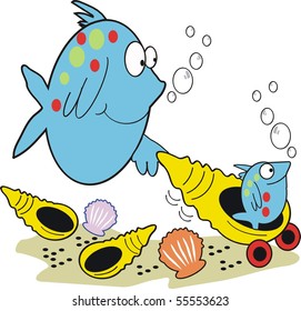 Vector cartoon of happy mother fish with baby fish in pram shell.