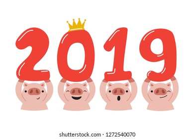 Vector cartoon happy new year 2019 year of pig for design.