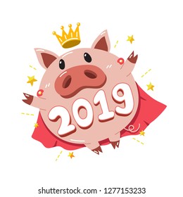 Vector cartoon happy new year 2019 cute pig