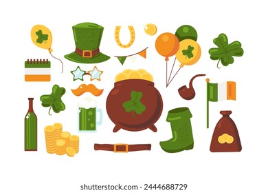 Vector Cartoon Happy Patrick's Day Set. Spring time isolated elements in colors of Irish flag