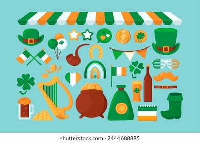 Vector Cartoon Happy Patrick's Day Set. Spring time isolated elements in colors of Irish flag