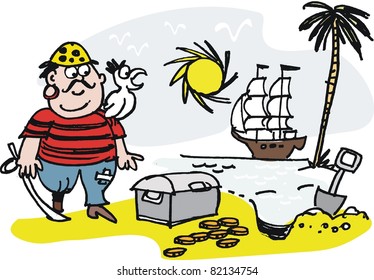 Vector cartoon of happy pirate with treasure chest