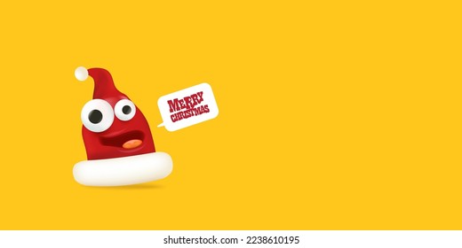 Vector cartoon happy Santa Claus red hat character with eyes and mouth isolated on orange Christmas background. Merry Christmas greeting card, poster and horizontal banner with funny Santa Claus hat