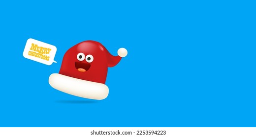 Vector cartoon happy Santa Claus red hat character with eyes and mouth isolated on blue Christmas background. Merry Christmas greeting card, poster and horizontal banner with funny Santa Claus hat