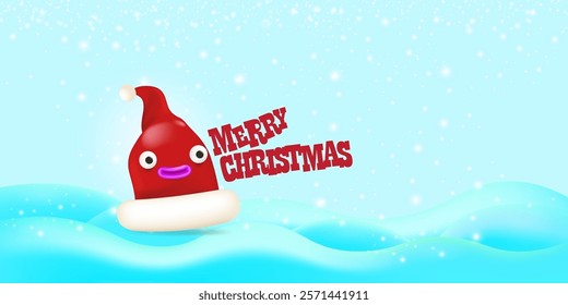 Vector cartoon happy Santa Claus red hat character with eyes and mouth isolated on blue snow background. Merry Christmas greeting card, poster and horizontal banner with funny Santa Claus hat